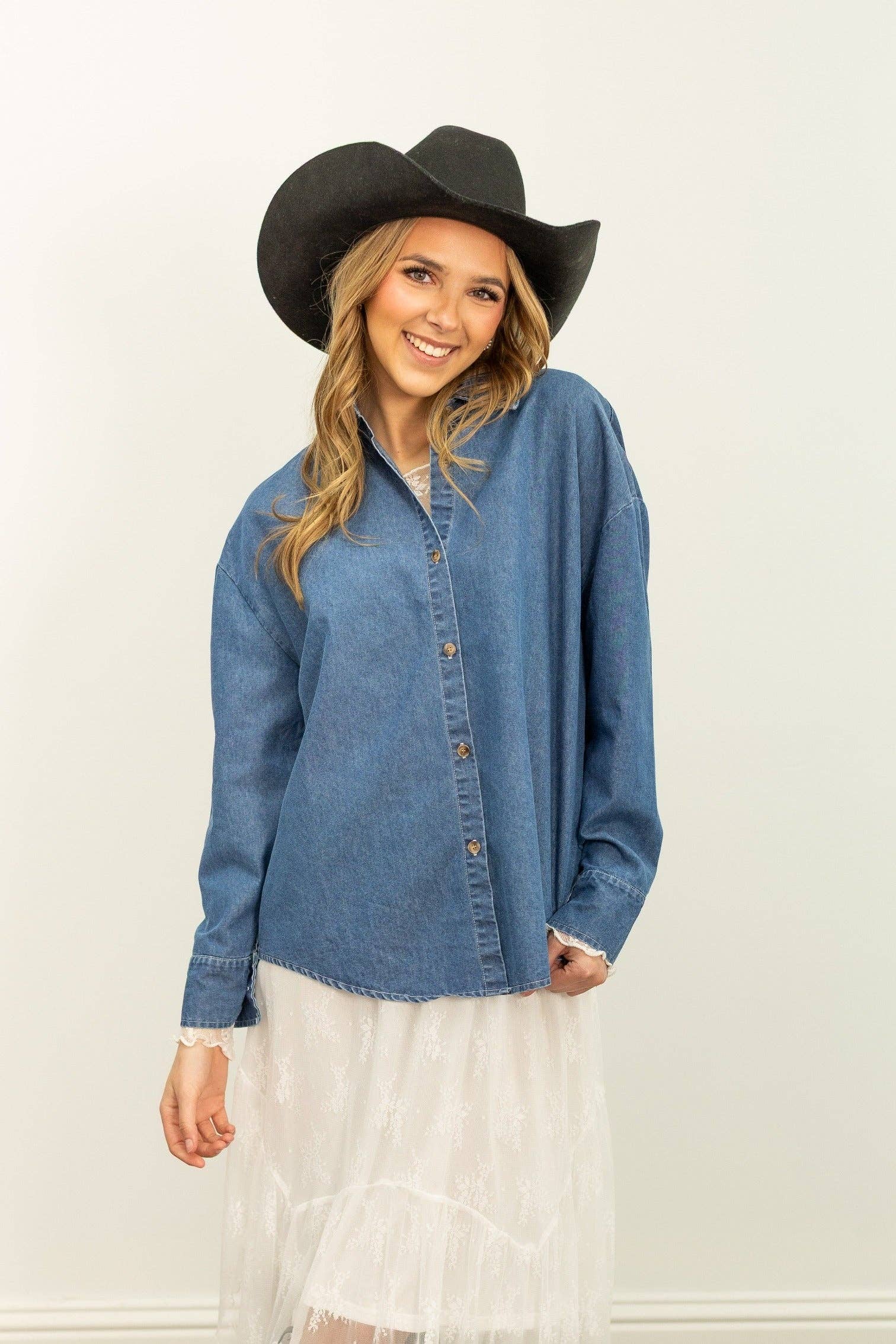 Blue Kathryn Classic Button-Up, Chambray for wholesale on Faire3
