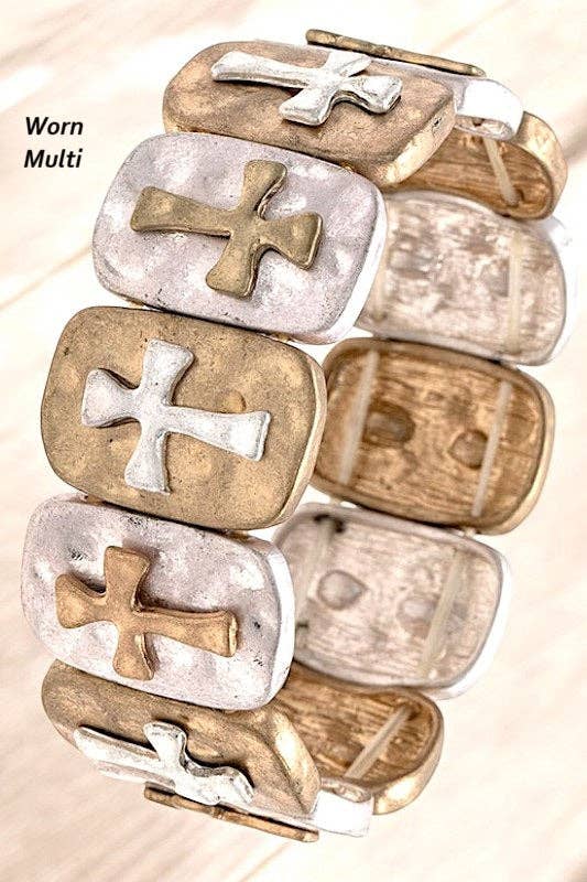 Andrea Bijoux - Wholesale Charm/Dangle Bracelet - HAMMERED LINK CROSS ACCENT BRACELET2