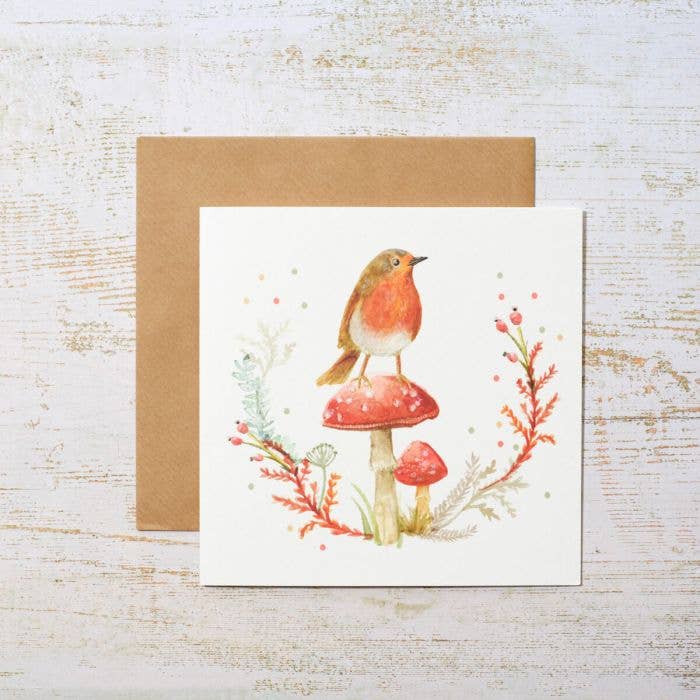 Countryside Woodland Robin on Mushroom Card for wholesale by Langs