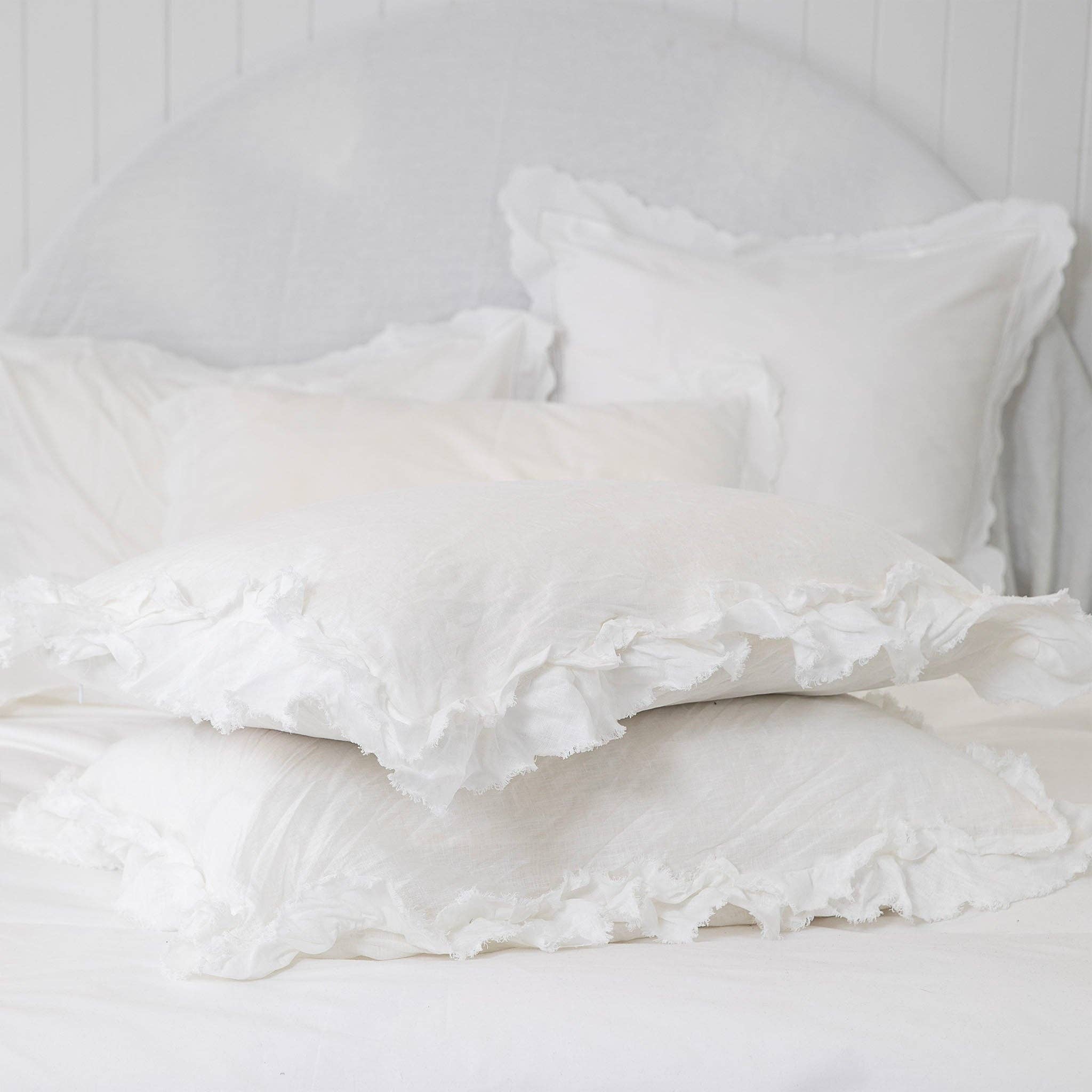 Isle Ruffled White Linen Pillowcases for wholesale on Faire2
