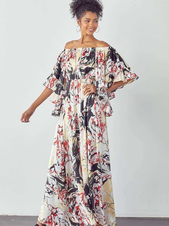 MAXI ABITO CON SPALLE SCOPERTE ED ELASTICO IN VITA per la vendita all'ingrosso da parte di QMP Moda