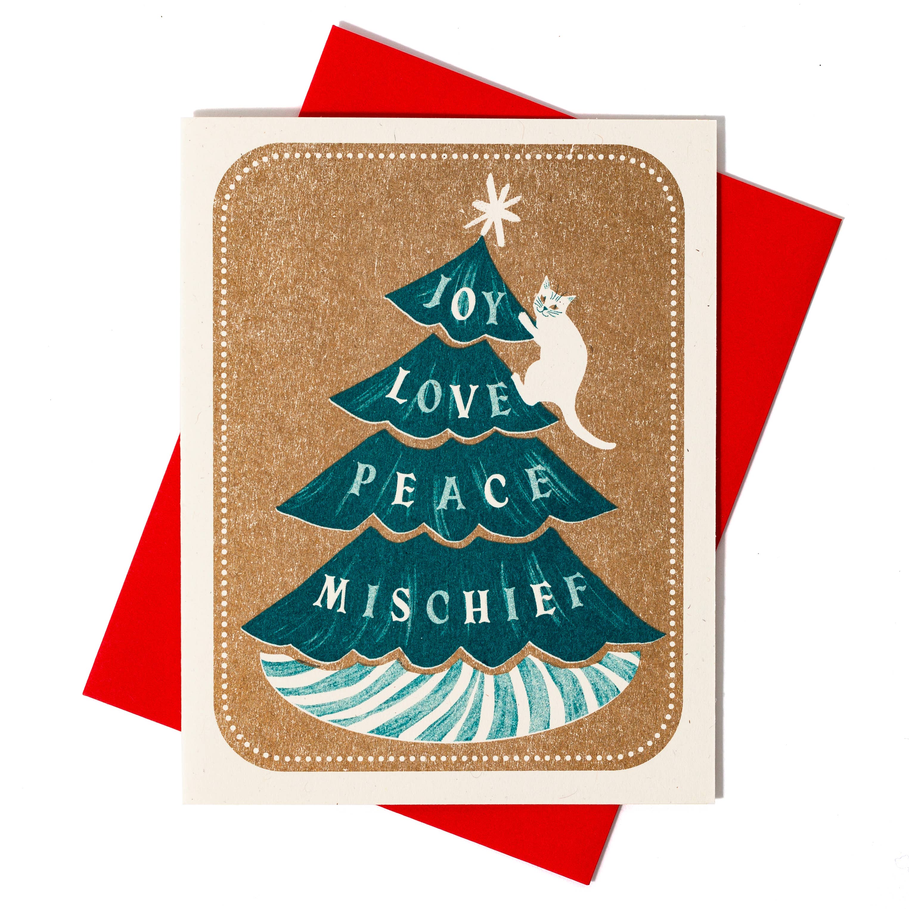 Bromstad Printing Co. – wholesale Christmas card – Joy Love Peace Mischief Cat - Risograph Christmas Card2
