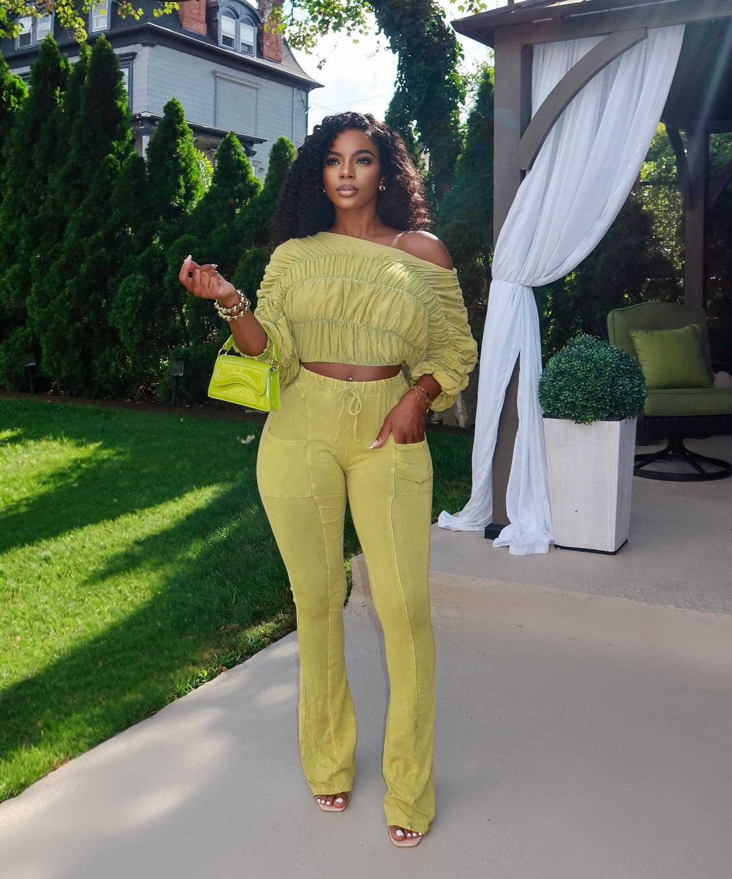 MB Fashion Wholesale - Wholesale Top & Pant Set (NOT Loungewear) - Women's - MB FASHION Ruched Off-Shoulder Top & High-Waist Flared Pants Set 95322