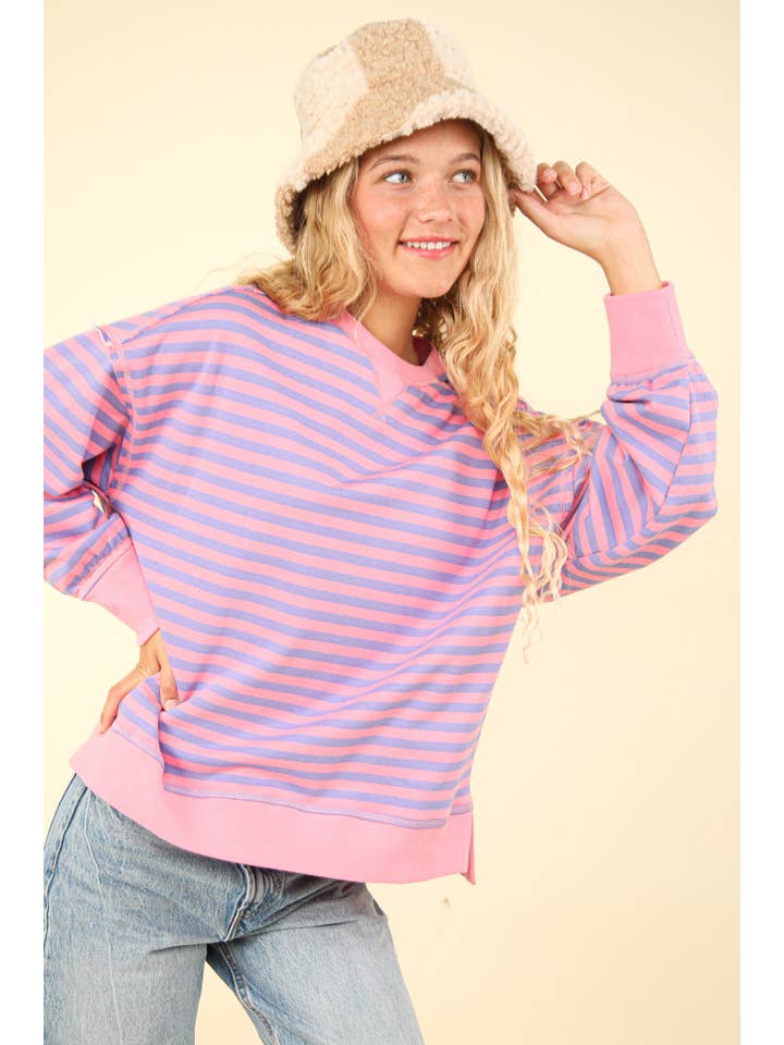 VERY J - Wholesale Knit Top - Women's - NT11927-Stripe Comfy Casual Oversized Knit Top