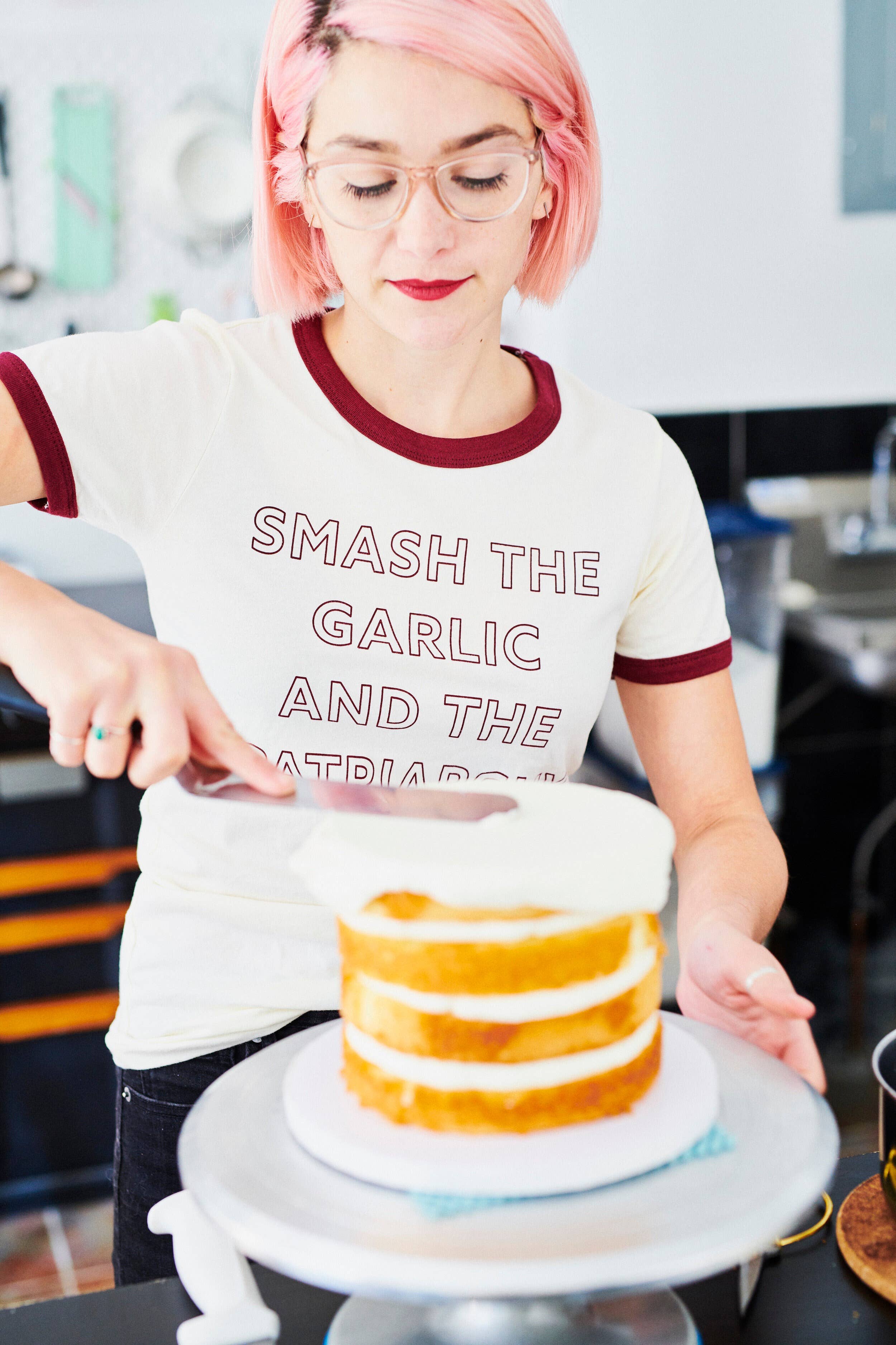 Overseasoned - Wholesale Screen Printed T-Shirt - Women's - Smash the Garlic and the Patriarchy™ Ringer Tee - Unisex1