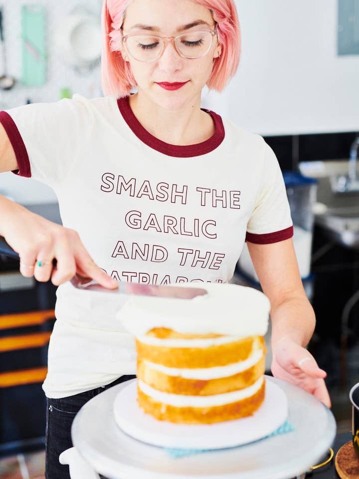 Overseasoned - Wholesale Screen Printed T-Shirt - Women's - Smash the Garlic and the Patriarchy™ Ringer Tee - Unisex1