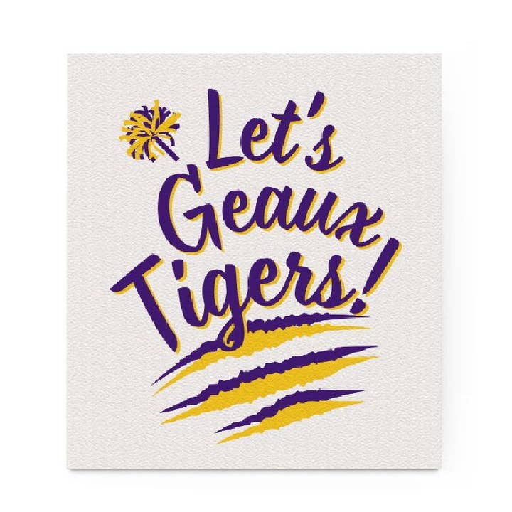 LSU Purple and Gold Let’s Geaux Tigers Swedish Dishcloth for wholesale by Crows Nest Atelier, LLC