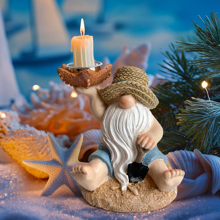 Liffy - Wholesale Decorative Figurine - Beach Gnome Resin Candle Holder Figurine Coastal Decor1