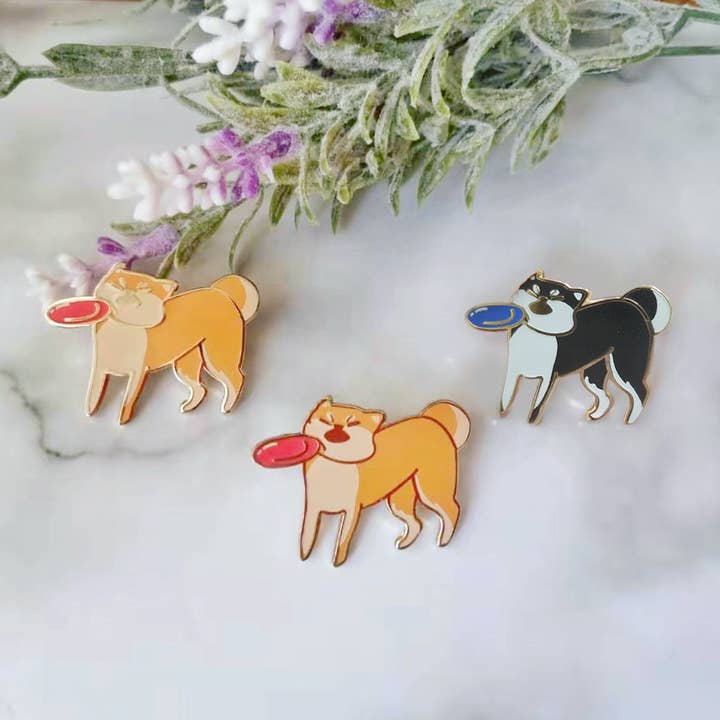 Frisbee in Face Enamel Pin - Shiba Inu for wholesale by OppaboCo
