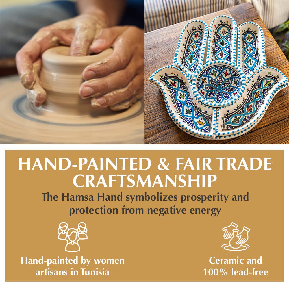 Kamsah - Wholesale Serving Plate - Handmade Turquoise Hamsa Ceramic Dipping & Serving Set6