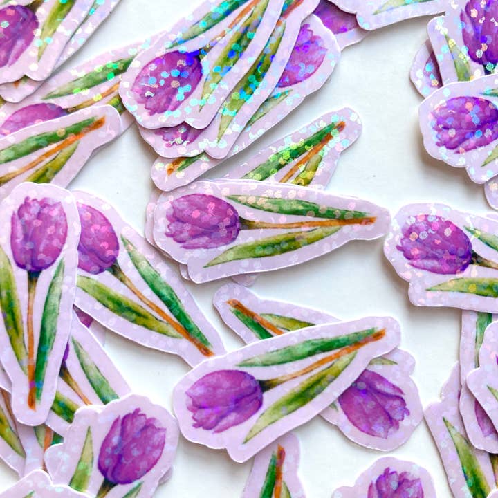 Mini autocollants holographiques à paillettes en forme de tulipe violette pour la vente par stickersbyjodi