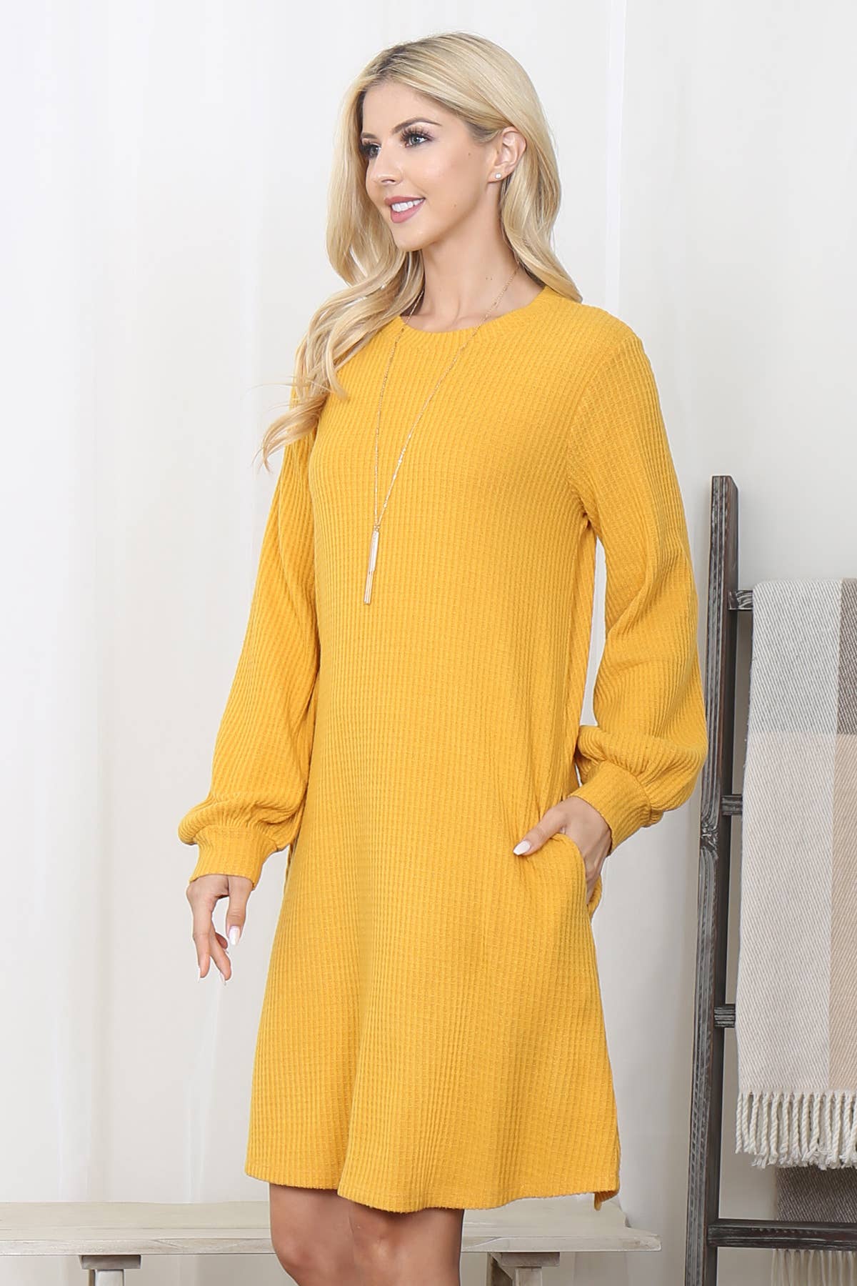 You & Me - Wholesale Dress - Women's - YMD10051V-BRUSHED WAFFLE BUBBLE SLEEVE POCKET DRESS3