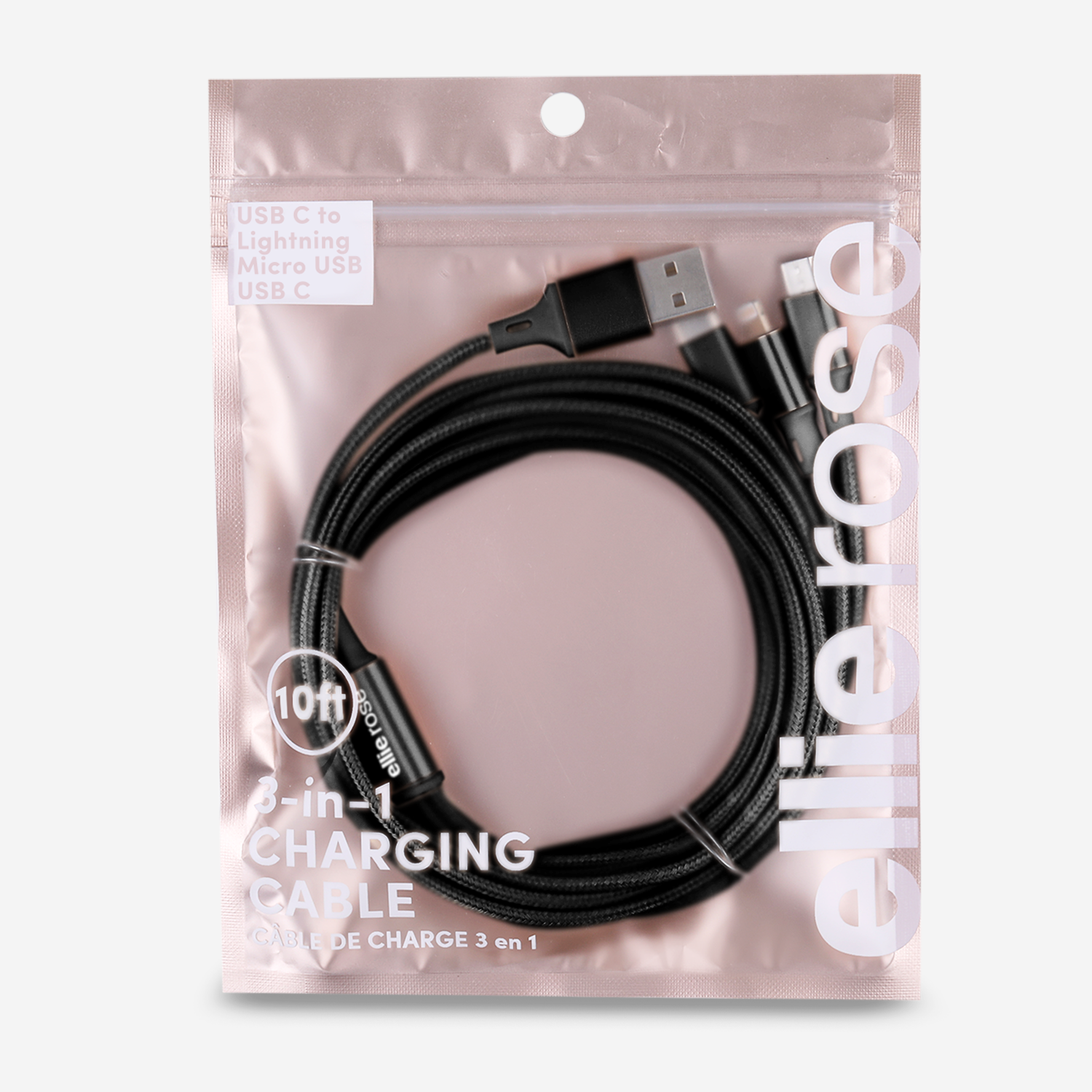 Ellie Rose - Wholesale Charging Cable - 3-in-1 Charging Cable 10 Ft Nylon - Black (USB A)5