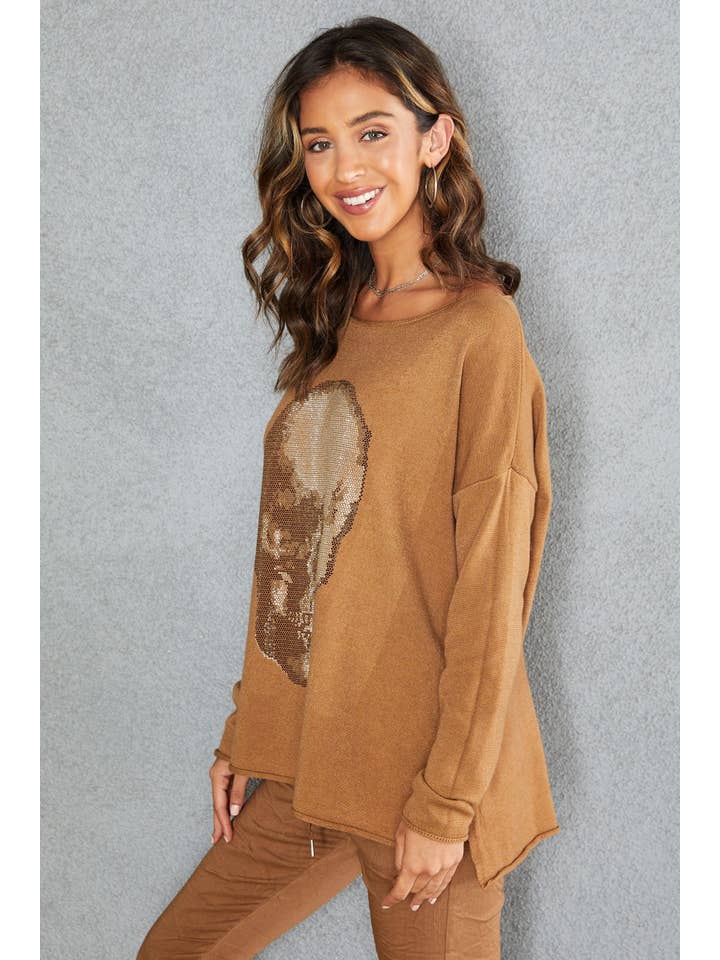 Kamel RHINESTONE SKULL LÅNGÄRMAD TOPP (8035-1901-SKULL) för wholesale på Faire1