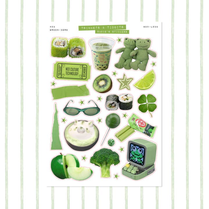 Green-Core Aesthetic • Trinkets & Tidbits Sticker Sheet for wholesale by Sadie's Stickers