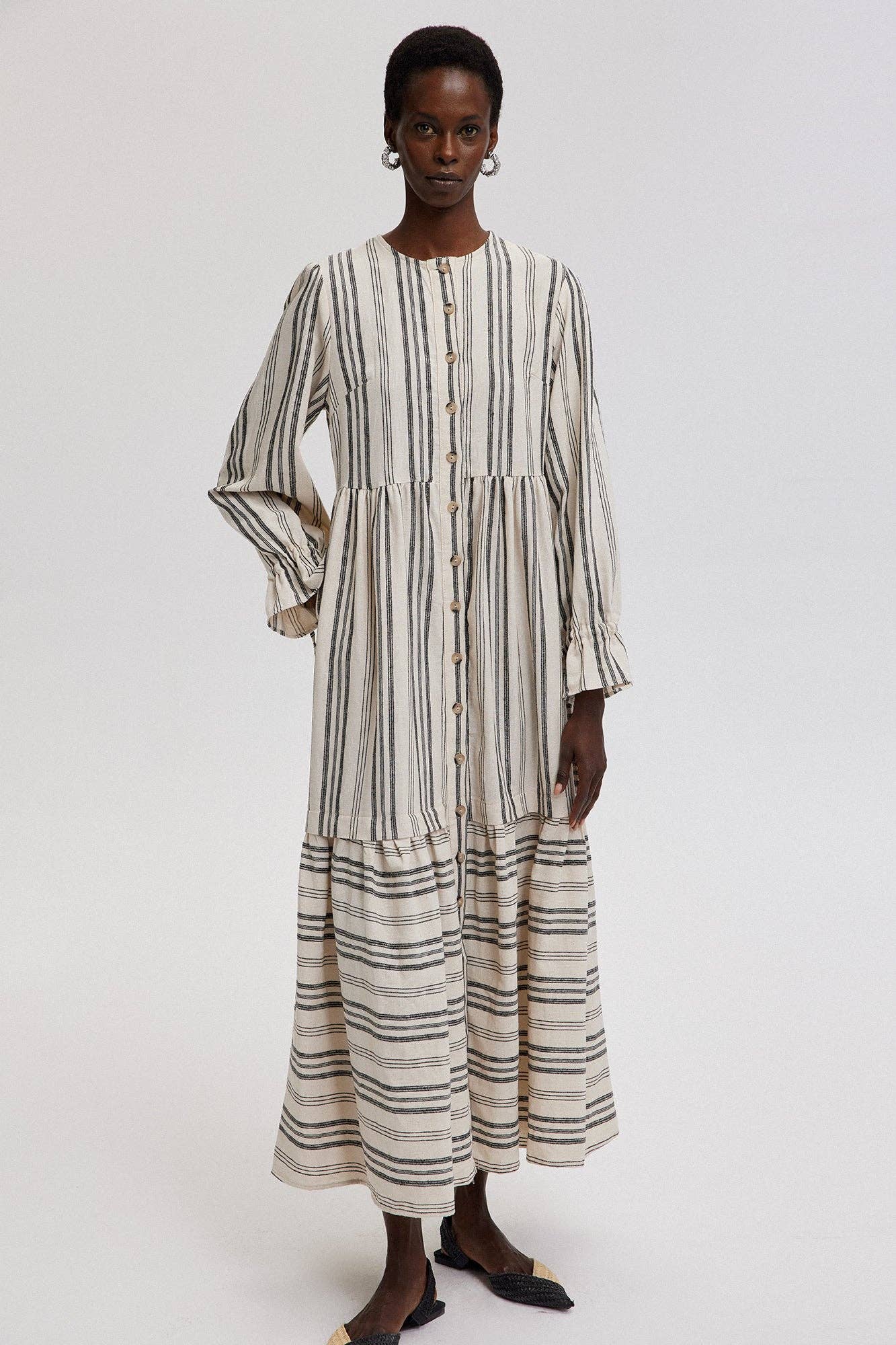 Beige STRIPED COTTON MAXI SHIRT DRESS WITH RUFFLED CUFFS for wholesale on Faire1