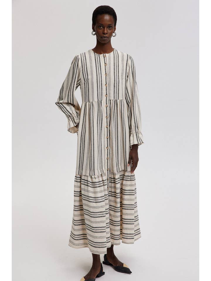 Beige STRIPED COTTON MAXI SHIRT DRESS WITH RUFFLED CUFFS for wholesale on Faire1