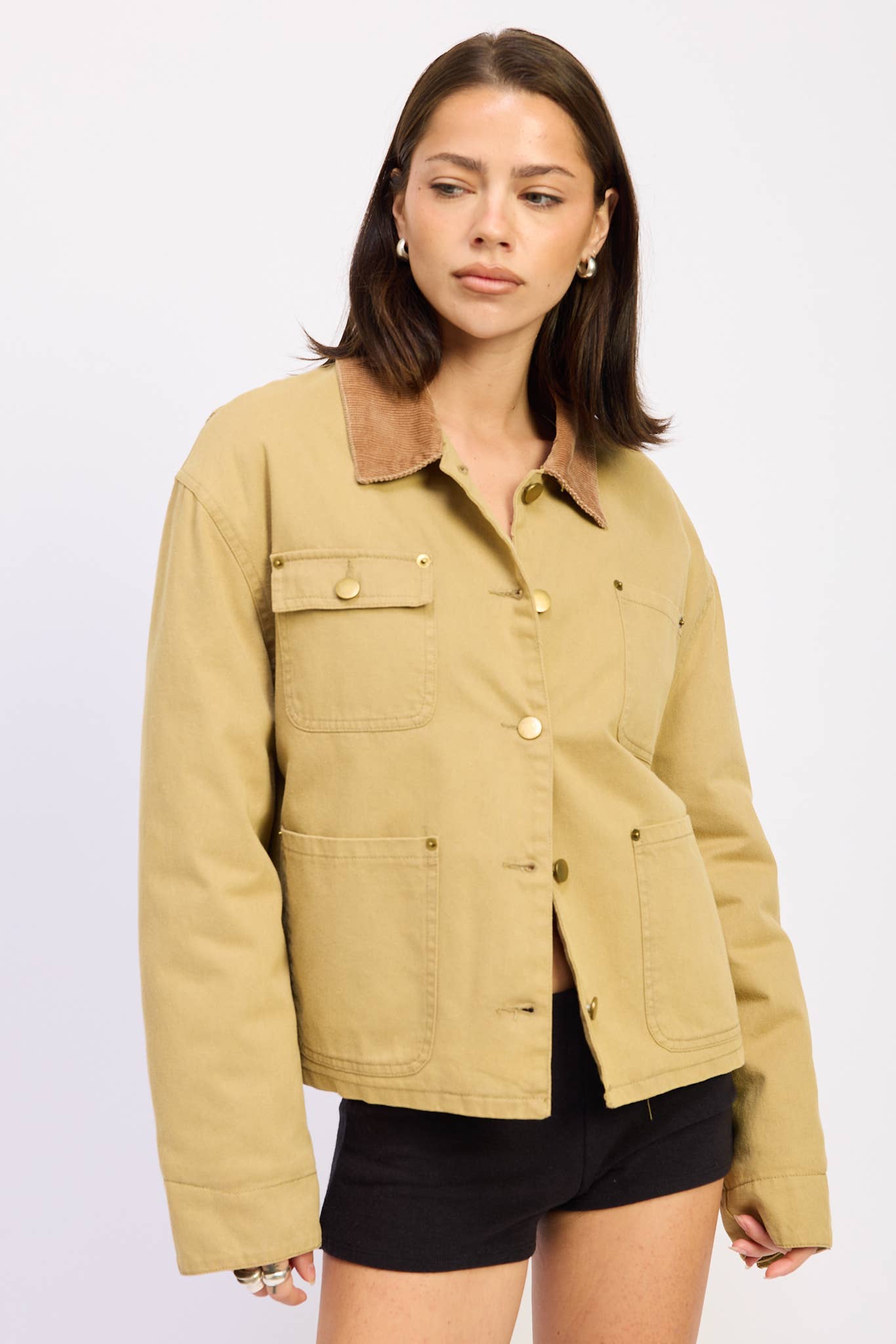 OLIVE KHAKI COMBO CHORE JACKET WITH POCKETS for wholesale on Faire3