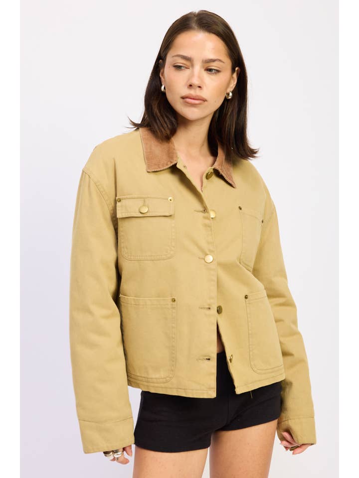 OLIVE KHAKI COMBO CHORE JACKET WITH POCKETS for wholesale on Faire3
