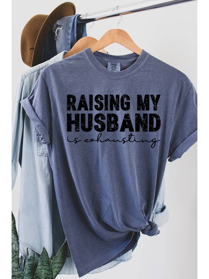 COLORBEAR – wholesale Screen printed t-shirt – Women′s – RAISING MY HUSBAND IS EXHAUSTING GARMENT DYED SHORT SLEEVE3