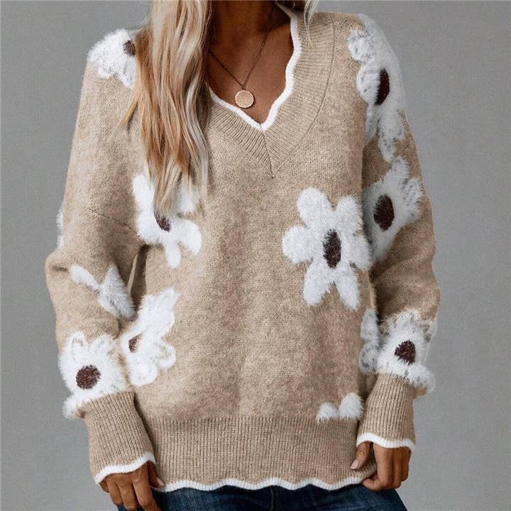 Pull Jacquard à Col V avec Dentelle pour la vente par FurDecoration