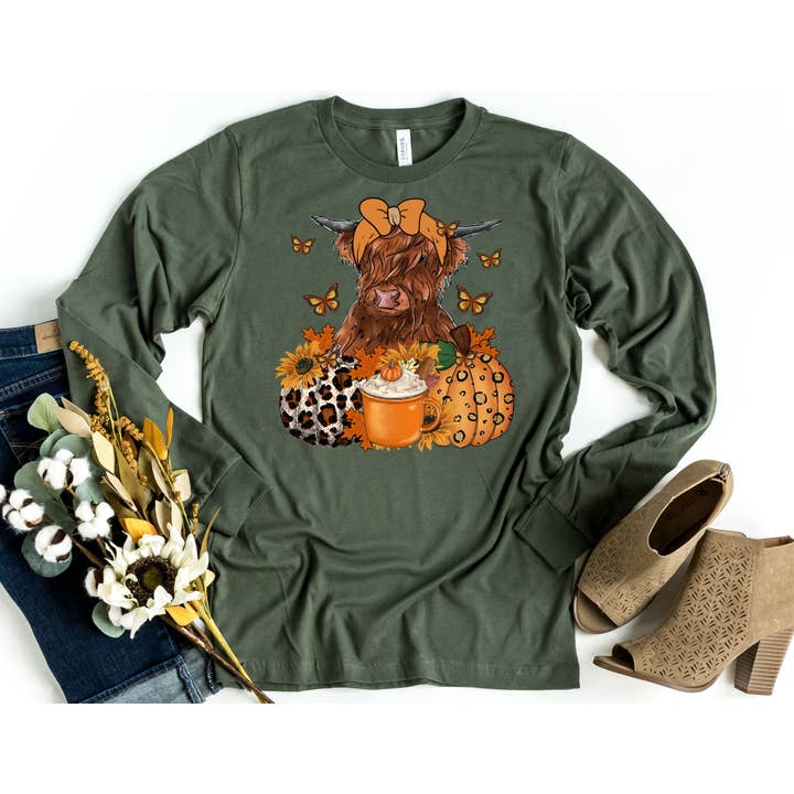 The Shirt Company - Wholesale T-Shirt (Graphic) - Women's - Fall Highland Cow Long Sleeve Shirt - Fall Shirt2