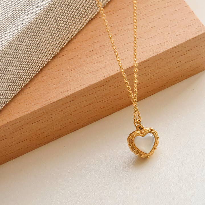 Josie Gold Non-Tarnish Vintage Heart Pendant Necklace for wholesale on Faire