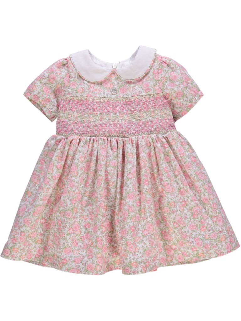 Piccola Speranza - Wholesale Dress - Kids - Vestido rosa florido com smocks, laço e gola branca0