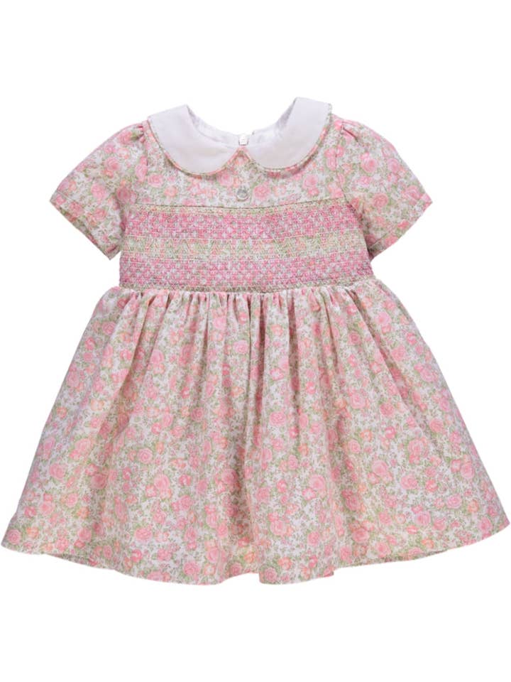 Piccola Speranza - Wholesale Dress - Kids - Vestido rosa florido com smocks, laço e gola branca0