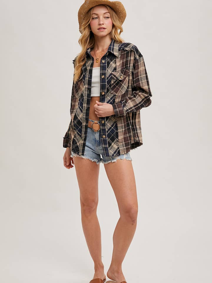 Bluivy - Wholesale Button Down Shirt - Women's - DISTRESSED HEM BUTTON DOWN PLAID SHIRT - 4TH OF JULY8