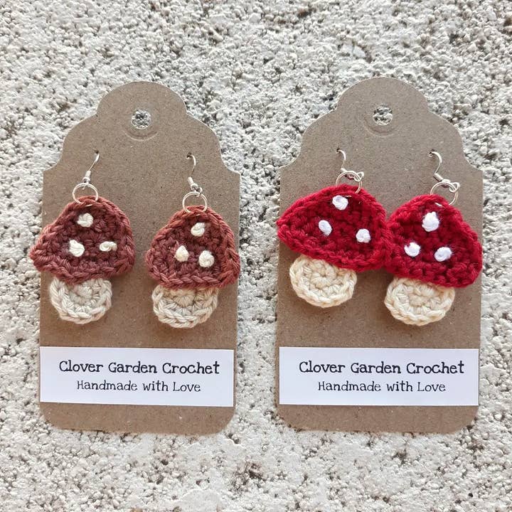 Cute Crochet Mushroom Drop Earrings Red & Brown Themed for wholesale by Clover Garden Crafts