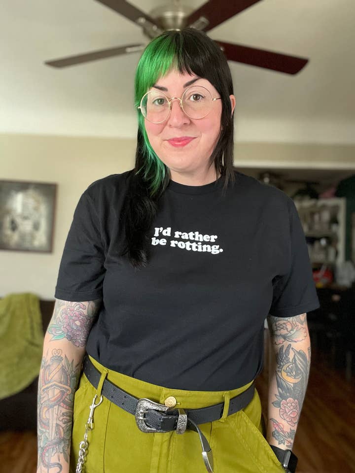 I'd Rather Be Rotting t-shirt, white ink on black unisex shirt. for wholesale by Drawings by Nicole