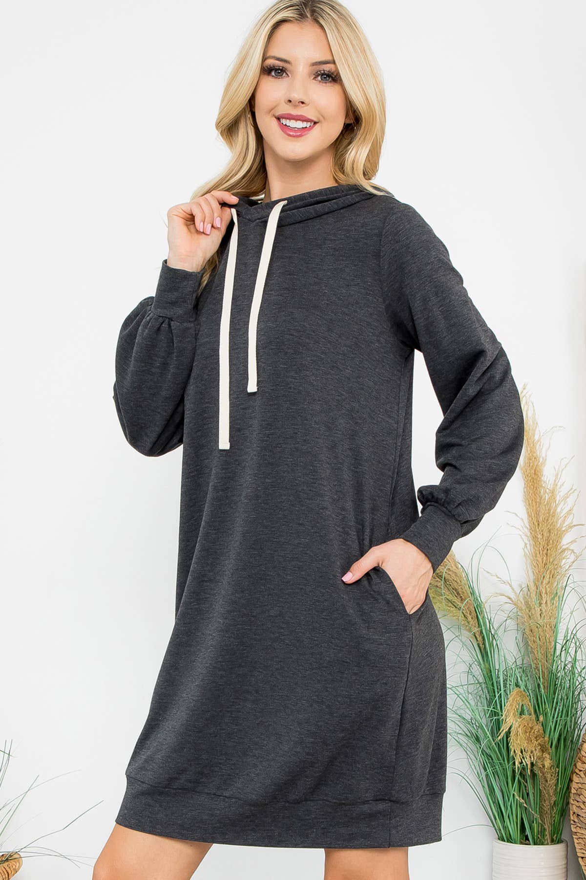 You & Me - Wholesale Dress - Women's - YMD10061V-FRENCH TERRY LONG PUFF SLEEVE HOODIE DRESS30