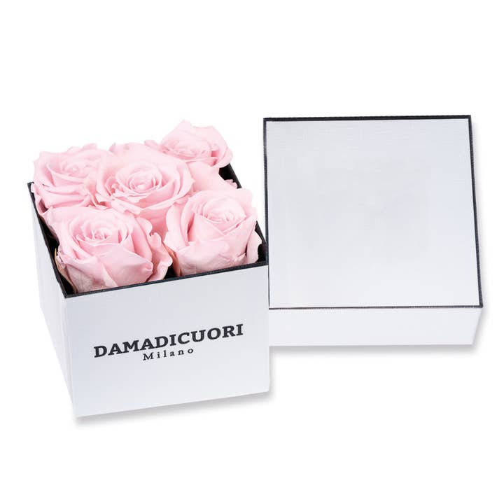 DAMADICUORI Milano - Wholesale Artificial Flowers - Bouquet of real preserved pink roses JOLIE White and black box