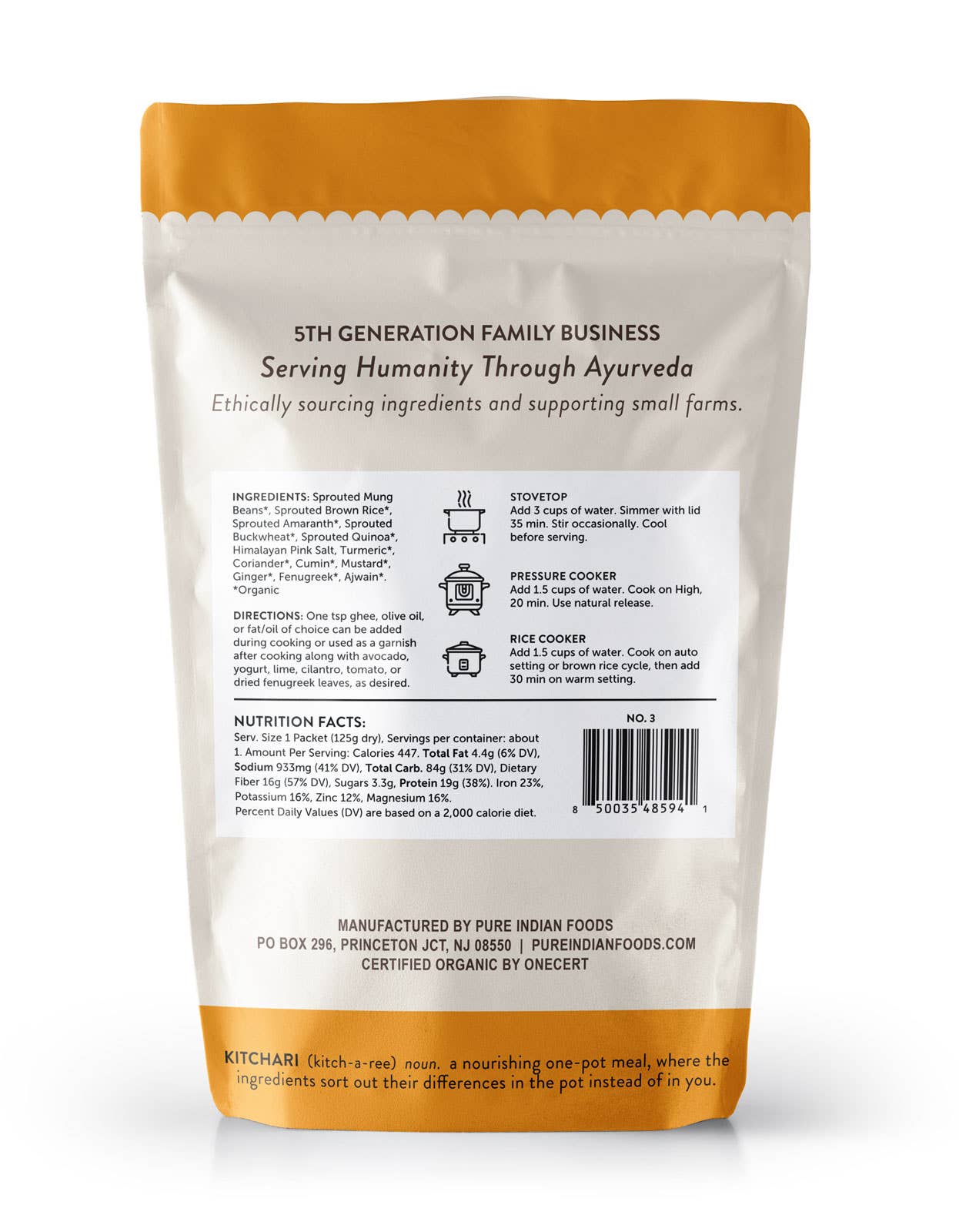 Pure Indian Foods - Vente Plats préparés à longue durée de conservation - Repas prêts à cuisiner OnePot Kitchari, emballage individuel, biologique2