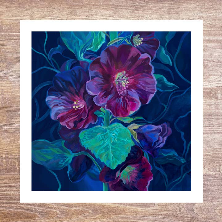 Purple Hollyhocks Flowers Art Print for wholesale by Marigold Art Studios