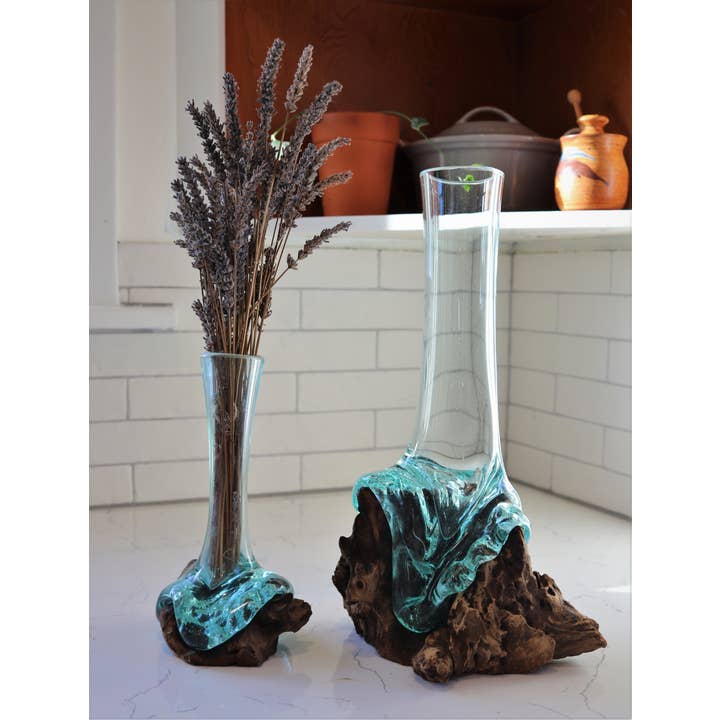 Cohasset Gifts - Wholesale Vase - 40cm Molten Glass & Wood Skinny Vase - Approx 16" Tall