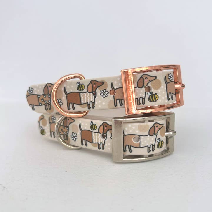 Puppies & Pom Poms - Wholesale Pet Collar - Dog - Bee Happy Dachshunds Beige Handmade Dog Collar7