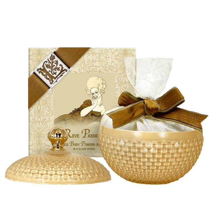 Poudre pour le corps de riz Reve Passionel 6oz & récipient en verre pour la vente par La Bouquetiere French Collections