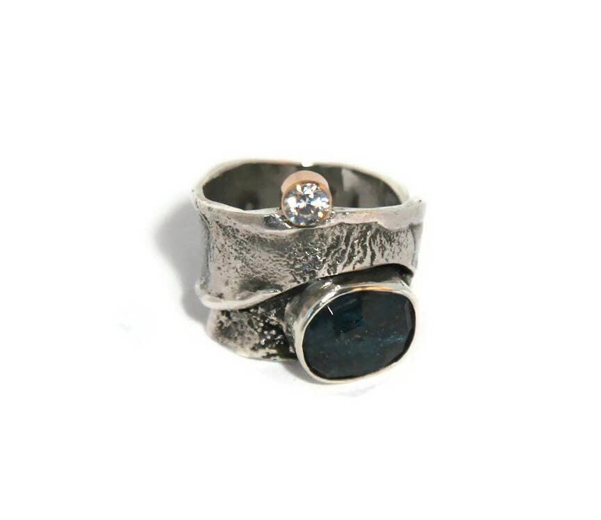 Tamara Kelly Designs - Wholesale Cocktail/Statement Ring - Teal Kyanite Reticulated ring with 14 k GF Bezel set stone2