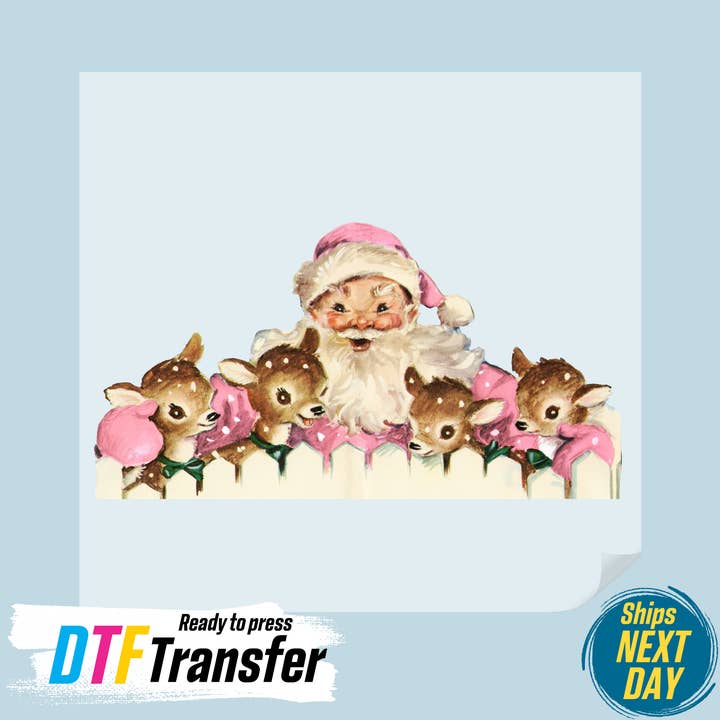 Vintage Pink Santa Reindeer DTF Transfer for wholesale by DTF Office