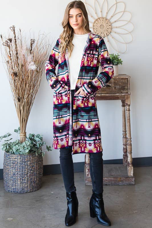 EJ6708-10 HOOD MULTI COLOR AZTEC SHACKET WITH POCKET for wholesale on Faire6