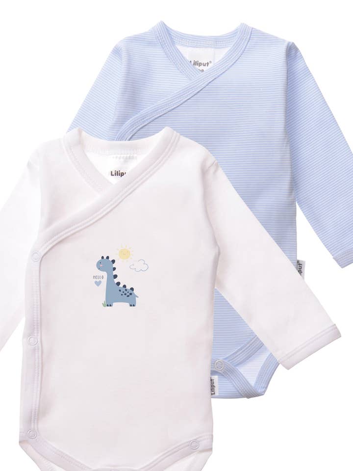 Pack de 2 bodies cruzados de manga comprida às riscas azul claro com estampado de "Dino" por atacado de Liliput