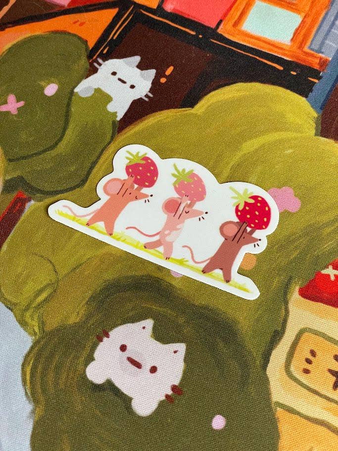 Paper Rat Illustrations - Wholesale Sticker - Strawberry Foragers Mice Matte Weatherproof Sticker3