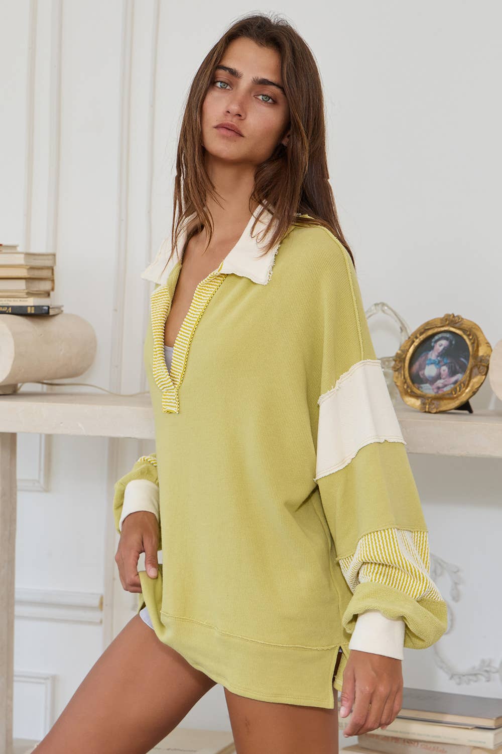 BUCKETLIST INC - Wholesale Knit Top - Women's - T2004 French Terry Knit Color-block Collared Loose Fit Top33