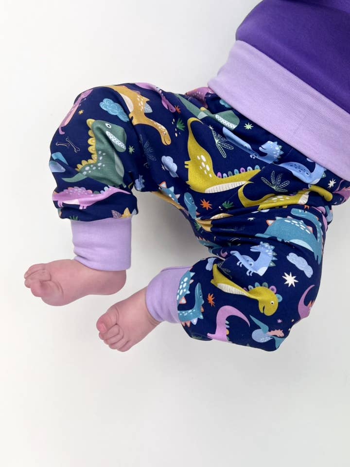 Organic Baby Leggings - Grow with Me - Purple Dinosaurs for wholesale by Tutti Frutti clothing
