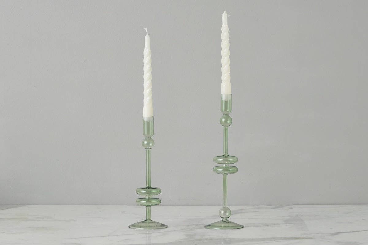etúHOME - Vendita all'ingrosso Portacandele - Coppia di candelabri in vetro, medi, salvia1
