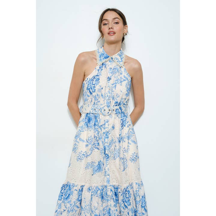 BLUE MULTI Floral Eyelet Halter Midi Dress for wholesale on Faire