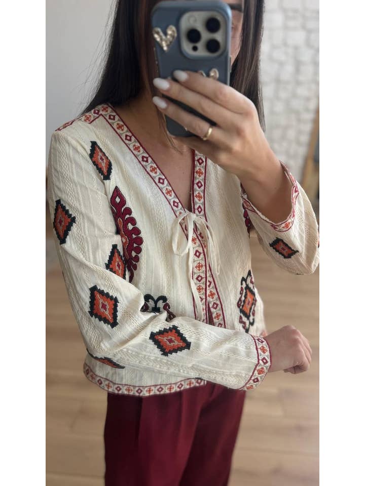 miglo - Wholesale Jas - Dames - Crèmekleurige Boheemse jas met borduursel aan de voorkant