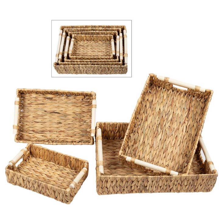 Truu Design - Wholesale Plant Pot - Set/4 Water Hyacinth Traysw/Wood Handle, XL, L, M, S